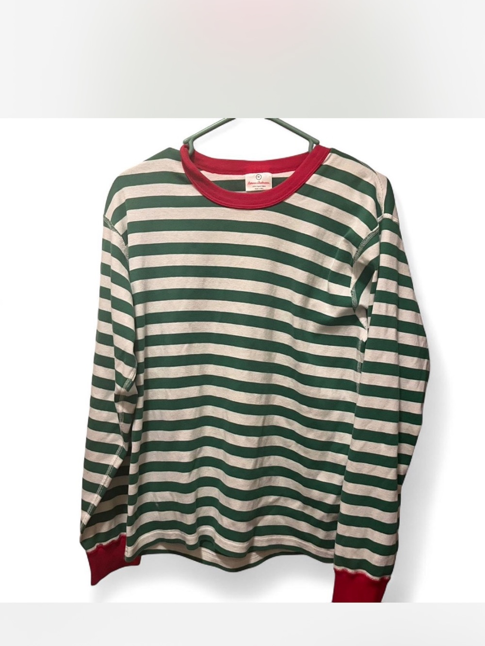 Hanna Andersson Green and White Striped Tee with Red Neckline